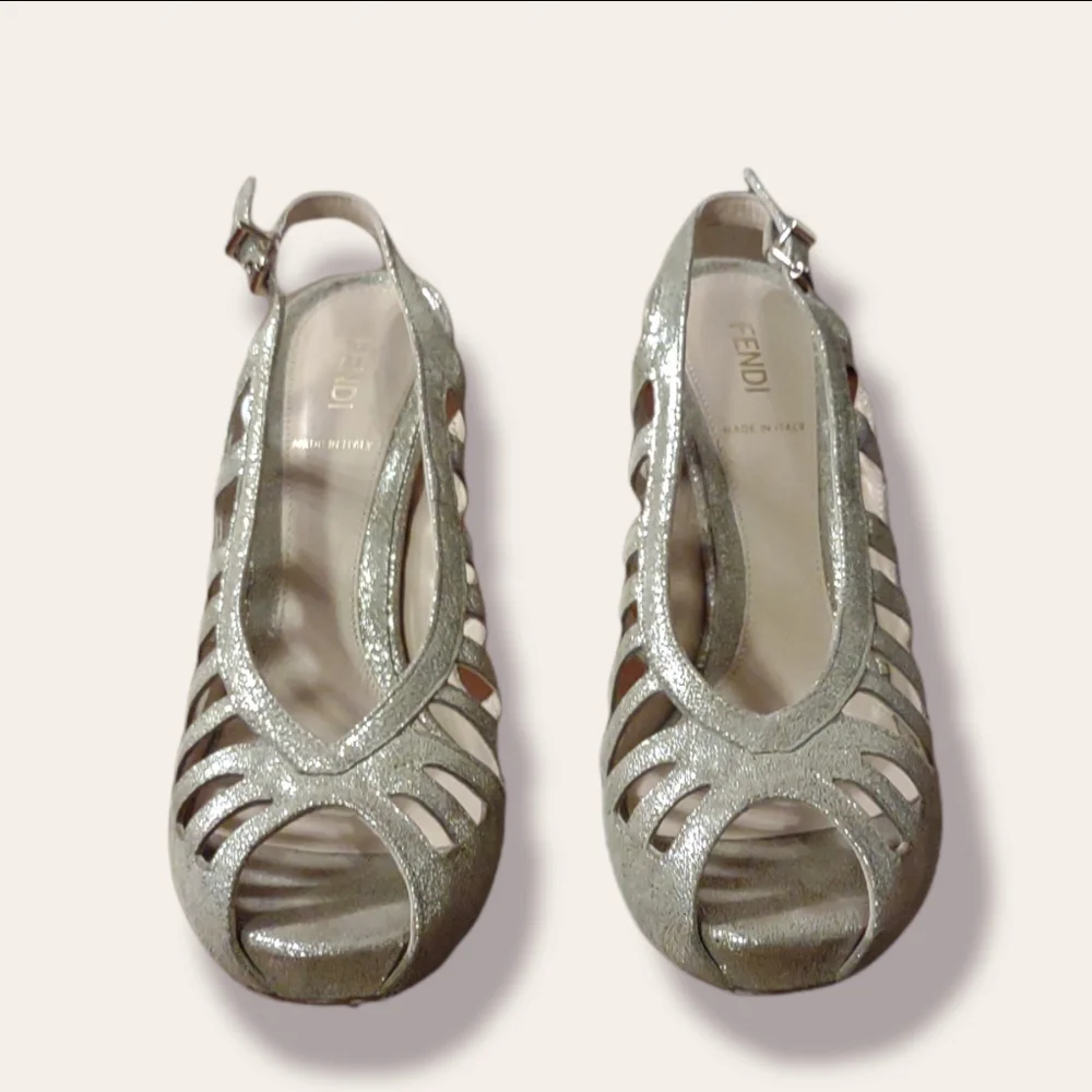 Fendi Gold Peep Toe Cage Slingback Heels - Picture 3 of 7